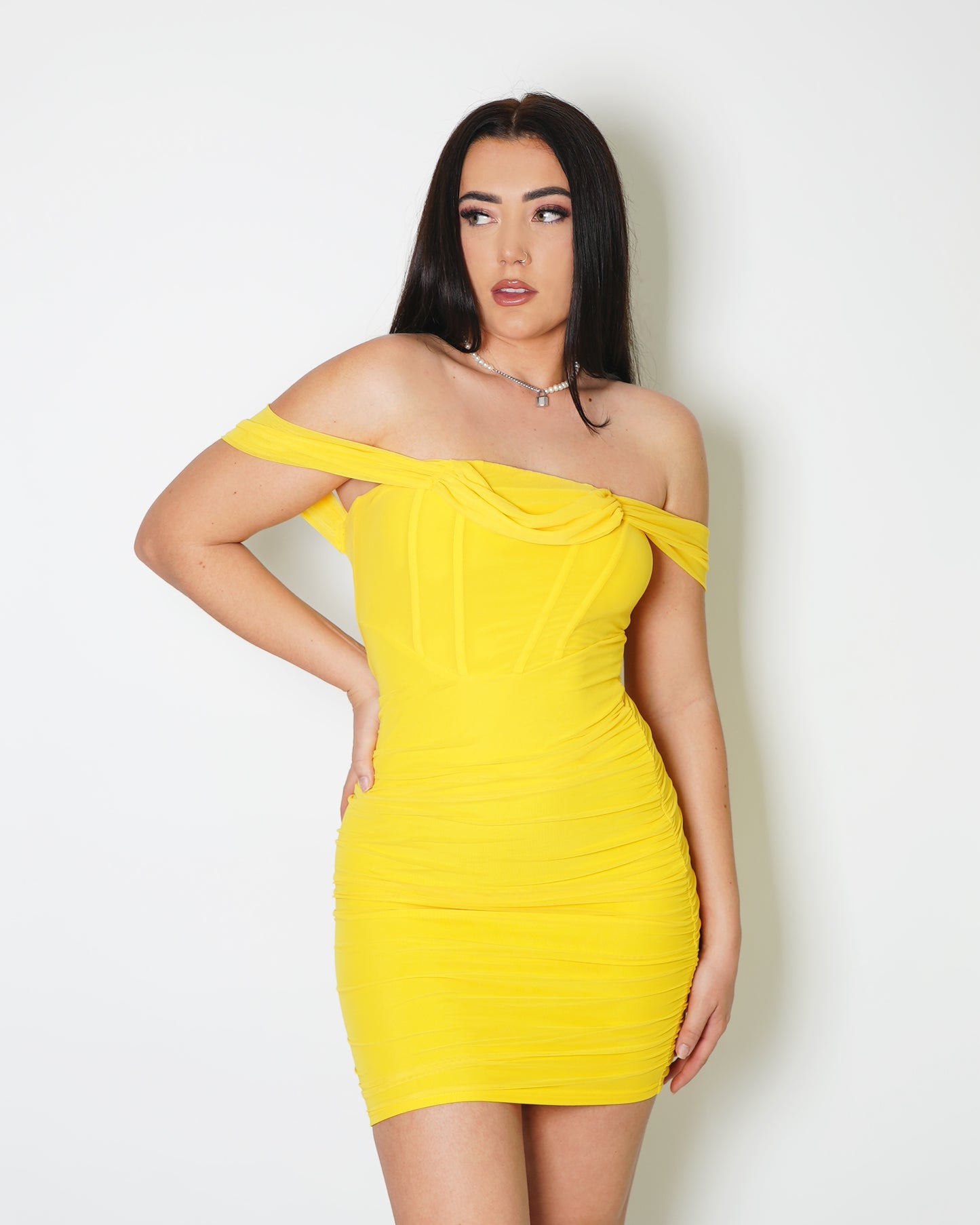 Yellow Mesh Bardot Mini Dress